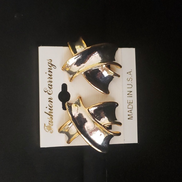 Jewelry - Criss Cross Gold Edge Two Tone Silver Clip Earrings
